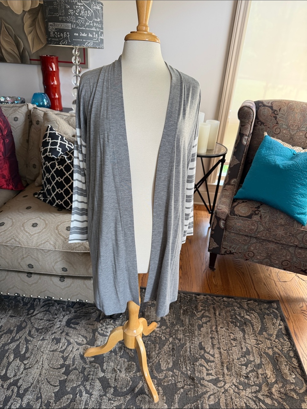 J. Jill Gray Open-Front Cardigan with Striped Sleeves